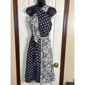 Ann Taylor Halter Dress Fit & Flare Sleeveless‎ Navy White Print Size 00